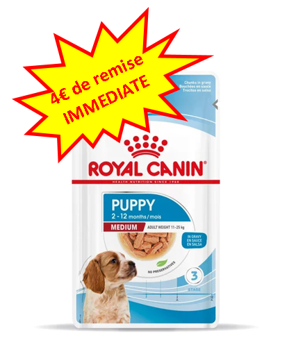 -4€ sur le Royal Canin Medium Puppy en sauce en 10x140g Dog A'chat -4€ sur le Royal Canin Medium Puppy en sauce en 10x140g Dog A'chat