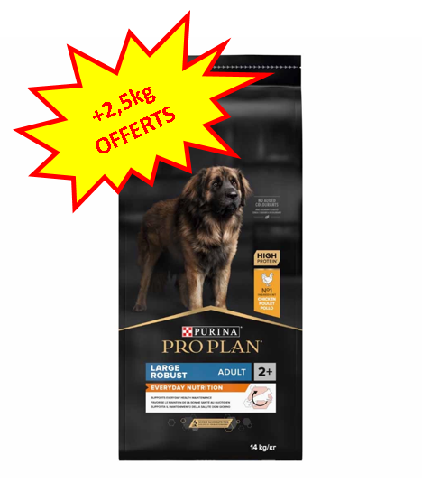 Les sacs de Pro Plan Chien Adult Large Robust au poulet 14kg ont 2,5kg gratuits en plus. Dog A'chat
