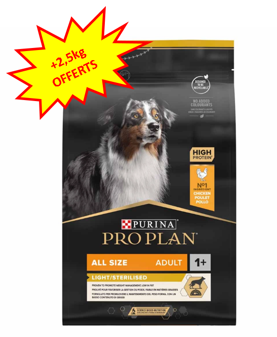 Les sacs de Pro Plan Chien All Sizes Light/Stérilisé au poulet 14kg ont 2,5kg gratuits en plus. Dog A'chat