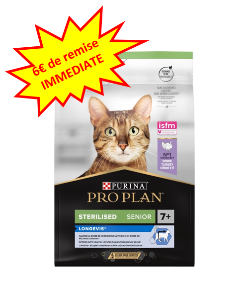 -6€ sur le Pro Plan Chat Stérilisé 7+ à la dinde en 3kg. Dog A'chat