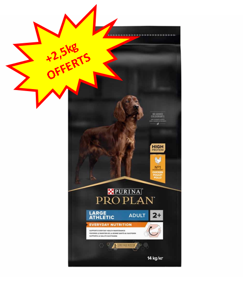 Les sacs de Pro Plan Chien Adult Large Athletic au poulet 14kg ont 2,5kg gratuits en plus.