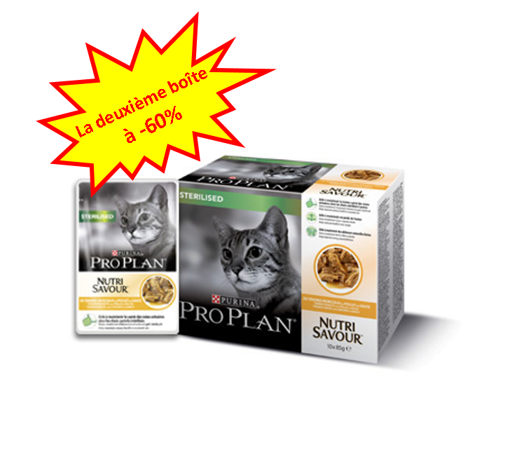 -60% sur la deuxième boîte de Pro Plan Chat Nutri Savour au poulet en 10x85g.
