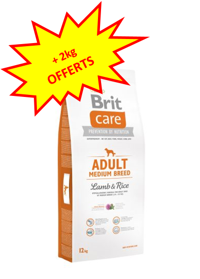 Les sacs de Brit Care Adult Medium Hypoallergénique à l'agneau en 12kg ont 2 kg gratuits en plus.