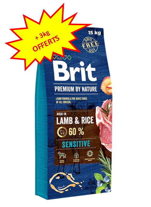 Les sacs de Brit Premium By Nature Sensitive à l'agneau en 15kg ont 3kg gratuits en plus.