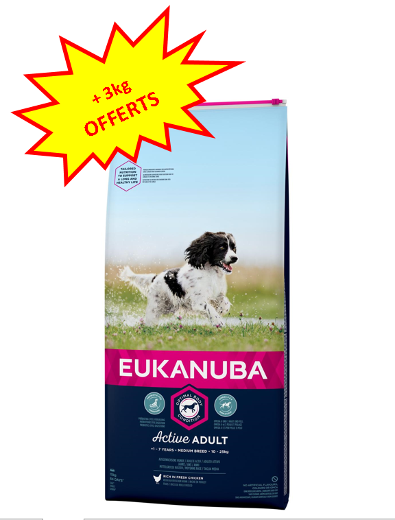 Les sacs d'Eukanuba Adulte Moyenne Race au poulet en 15kg ont 3kg offerts en plus Dog A'chat
