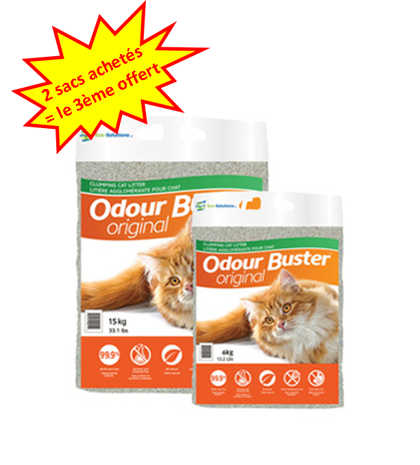 2 sacs de litière Odour Buster achetés = le 3ème OFFERT Dog A'chat